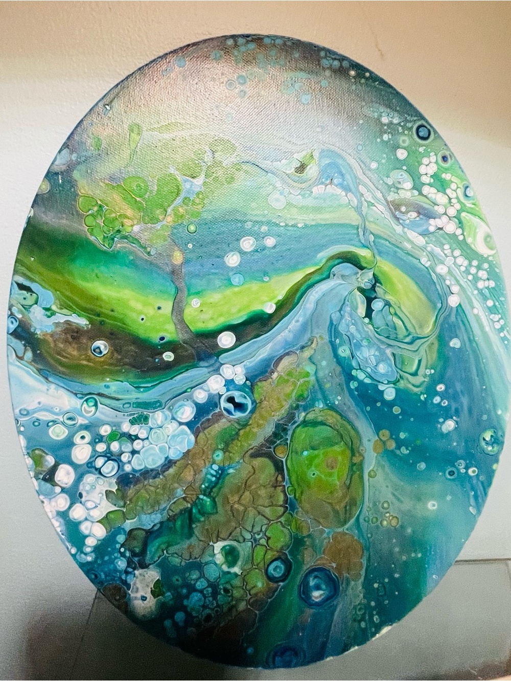Abstract Acrylic Flow Wall Art — Green and Blue Oval Canvas